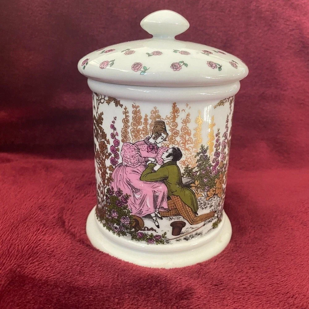 Vintage Porcelain Courting Couple Floral Cotton Ball Vanity Jar West Germany